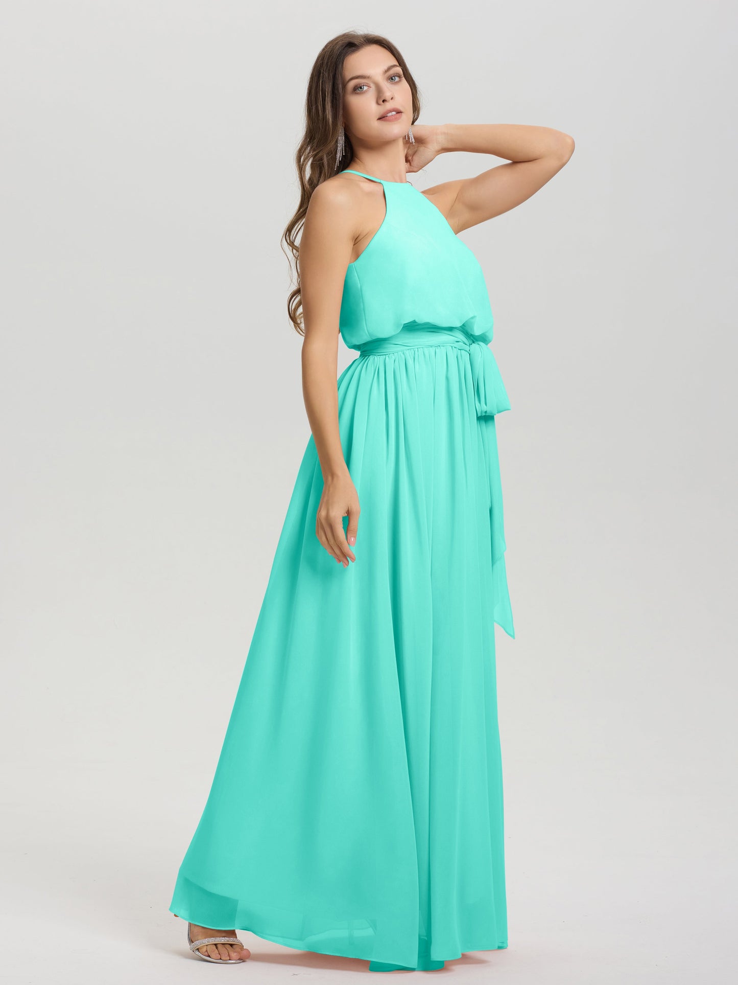 Halter Scoop Neck Sleeveless Floor Length Chiffon Bridesmaid Dress with Sashes