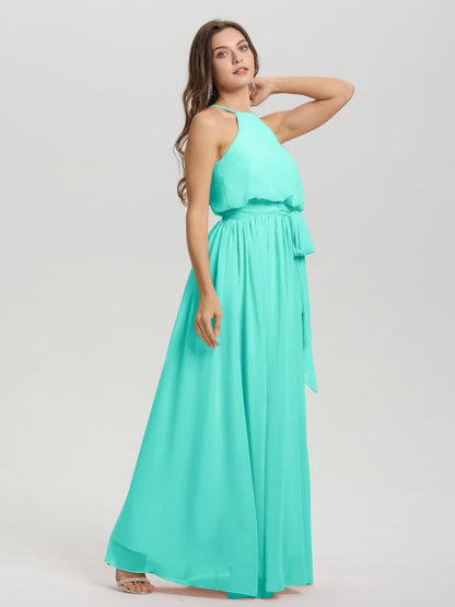 Halter Scoop Neck Sleeveless Floor Length Chiffon Bridesmaid Dress with Sashes