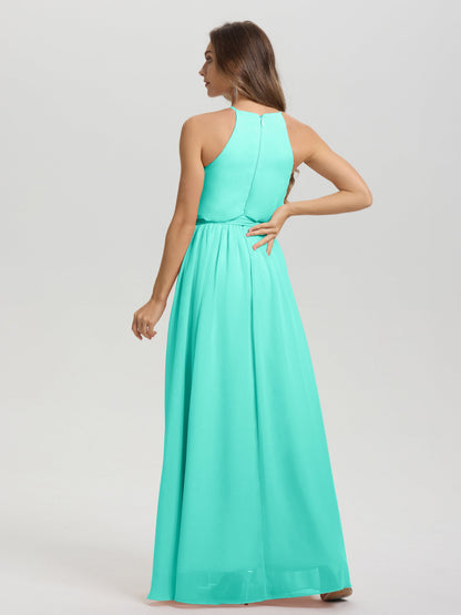 Halter Scoop Neck Sleeveless Floor Length Chiffon Bridesmaid Dress with Sashes