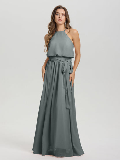 Halter Scoop Neck Sleeveless Floor Length Chiffon Bridesmaid Dress with Sashes