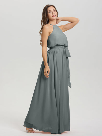 Halter Scoop Neck Sleeveless Floor Length Chiffon Bridesmaid Dress with Sashes
