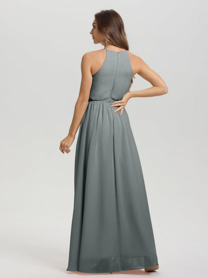 Halter Scoop Neck Sleeveless Floor Length Chiffon Bridesmaid Dress with Sashes