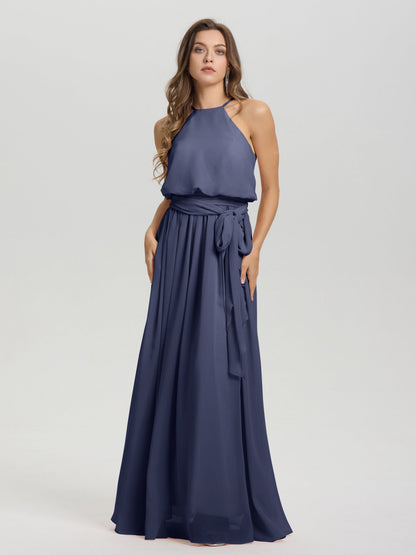 Halter Scoop Neck Sleeveless Floor Length Chiffon Bridesmaid Dress with Sashes