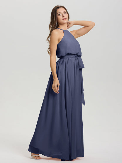 Halter Scoop Neck Sleeveless Floor Length Chiffon Bridesmaid Dress with Sashes