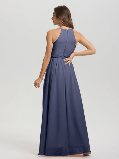 Halter Scoop Neck Sleeveless Floor Length Chiffon Bridesmaid Dress with Sashes