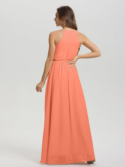 Halter Scoop Neck Sleeveless Floor Length Chiffon Bridesmaid Dress with Sashes
