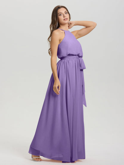 Halter Scoop Neck Sleeveless Floor Length Chiffon Bridesmaid Dress with Sashes