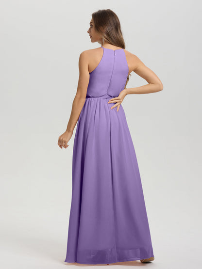 Halter Scoop Neck Sleeveless Floor Length Chiffon Bridesmaid Dress with Sashes
