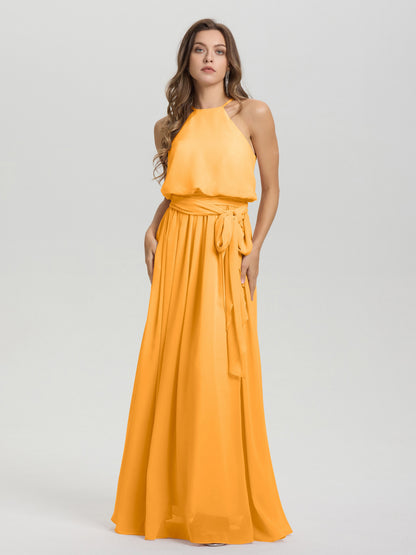 Halter Scoop Neck Sleeveless Floor Length Chiffon Bridesmaid Dress with Sashes