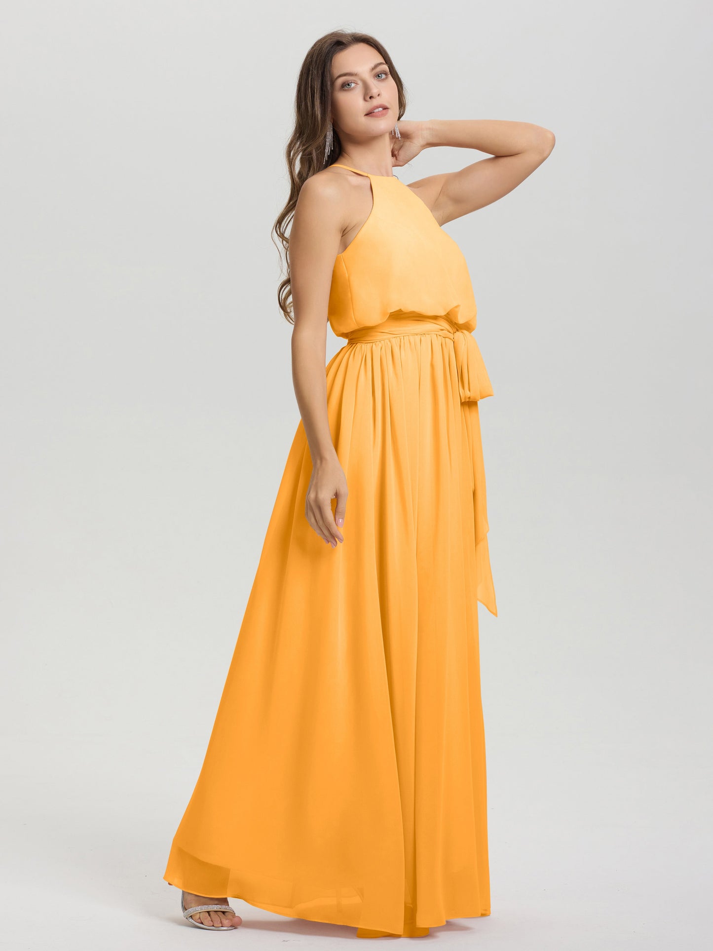 Halter Scoop Neck Sleeveless Floor Length Chiffon Bridesmaid Dress with Sashes