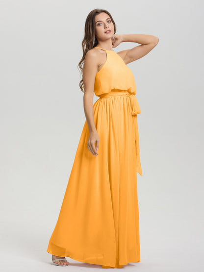 Halter Scoop Neck Sleeveless Floor Length Chiffon Bridesmaid Dress with Sashes