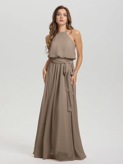 Halter Scoop Neck Sleeveless Floor Length Chiffon Bridesmaid Dress with Sashes