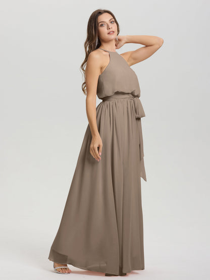 Halter Scoop Neck Sleeveless Floor Length Chiffon Bridesmaid Dress with Sashes