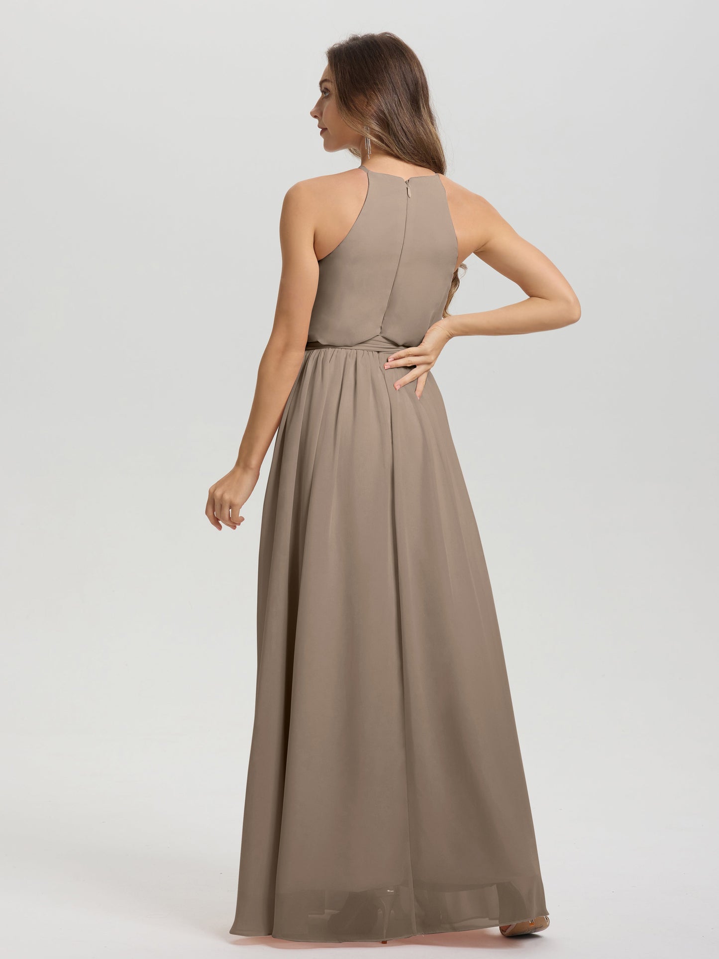 Halter Scoop Neck Sleeveless Floor Length Chiffon Bridesmaid Dress with Sashes