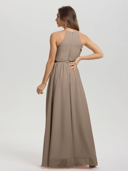 Halter Scoop Neck Sleeveless Floor Length Chiffon Bridesmaid Dress with Sashes