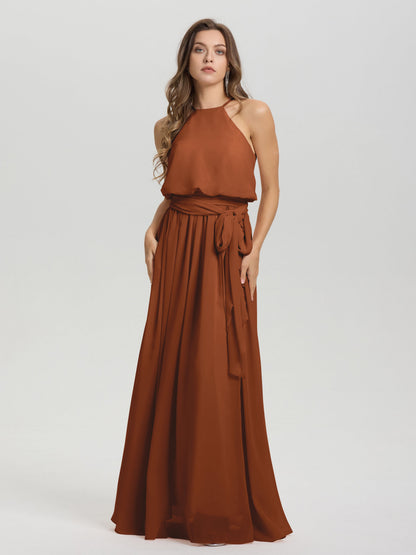 Halter Scoop Neck Sleeveless Floor Length Chiffon Bridesmaid Dress with Sashes