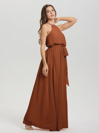 Halter Scoop Neck Sleeveless Floor Length Chiffon Bridesmaid Dress with Sashes