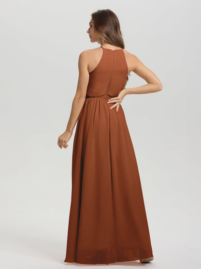 Halter Scoop Neck Sleeveless Floor Length Chiffon Bridesmaid Dress with Sashes