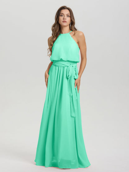Halter Scoop Neck Sleeveless Floor Length Chiffon Bridesmaid Dress with Sashes