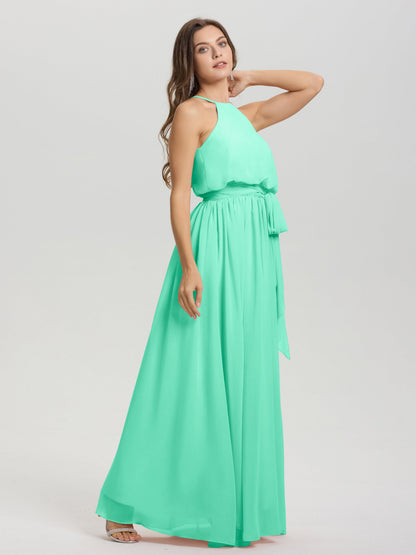 Halter Scoop Neck Sleeveless Floor Length Chiffon Bridesmaid Dress with Sashes