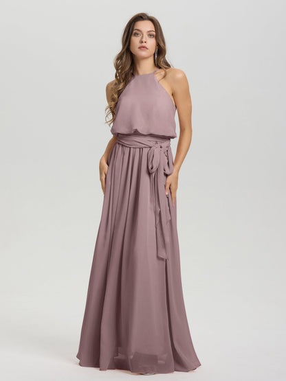 Halter Scoop Neck Sleeveless Floor Length Chiffon Bridesmaid Dress with Sashes