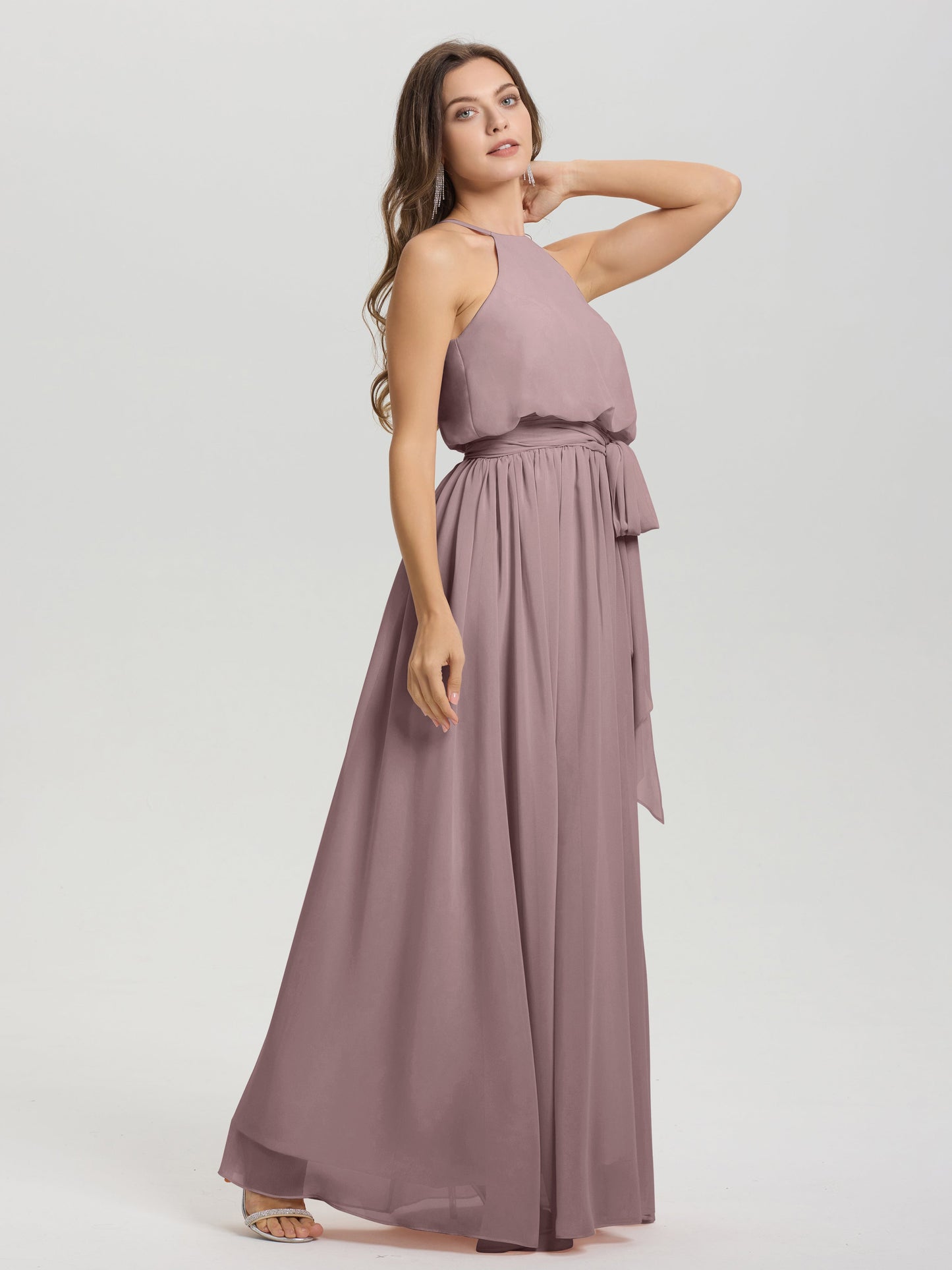 Halter Scoop Neck Sleeveless Floor Length Chiffon Bridesmaid Dress with Sashes