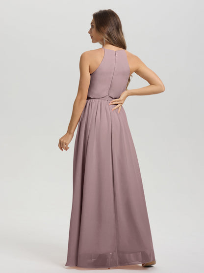 Halter Scoop Neck Sleeveless Floor Length Chiffon Bridesmaid Dress with Sashes