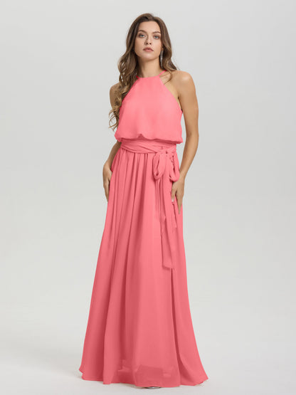 Halter Scoop Neck Sleeveless Floor Length Chiffon Bridesmaid Dress with Sashes