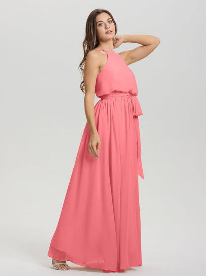 Halter Scoop Neck Sleeveless Floor Length Chiffon Bridesmaid Dress with Sashes