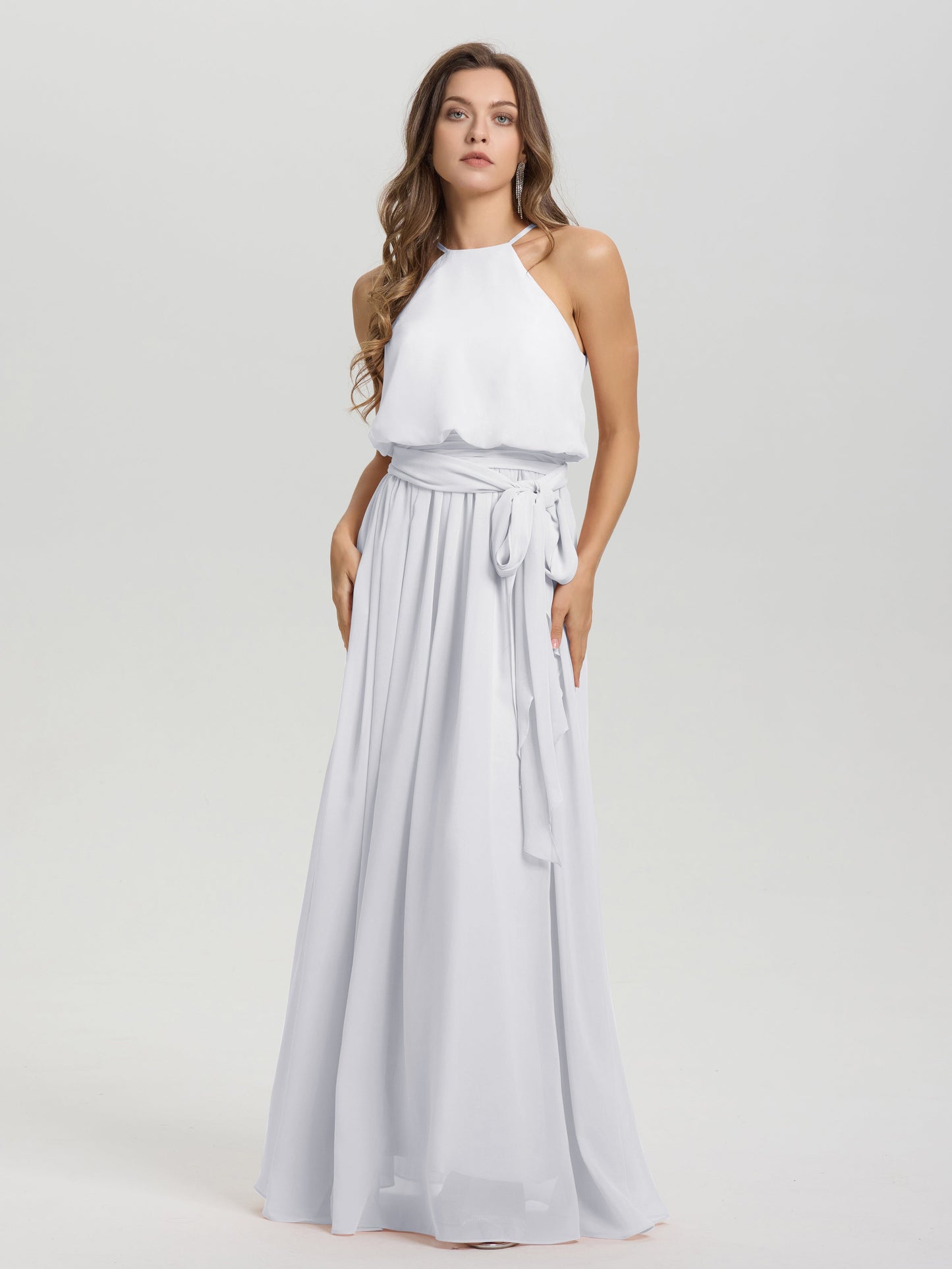 Halter Scoop Neck Sleeveless Floor Length Chiffon Bridesmaid Dress with Sashes