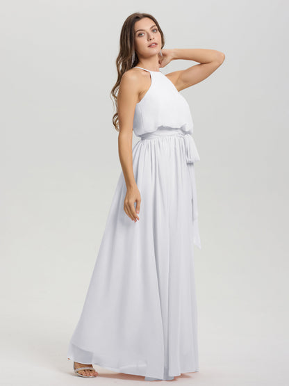 Halter Scoop Neck Sleeveless Floor Length Chiffon Bridesmaid Dress with Sashes