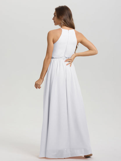 Halter Scoop Neck Sleeveless Floor Length Chiffon Bridesmaid Dress with Sashes