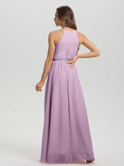 Halter Scoop Neck Sleeveless Floor Length Chiffon Bridesmaid Dress with Sashes