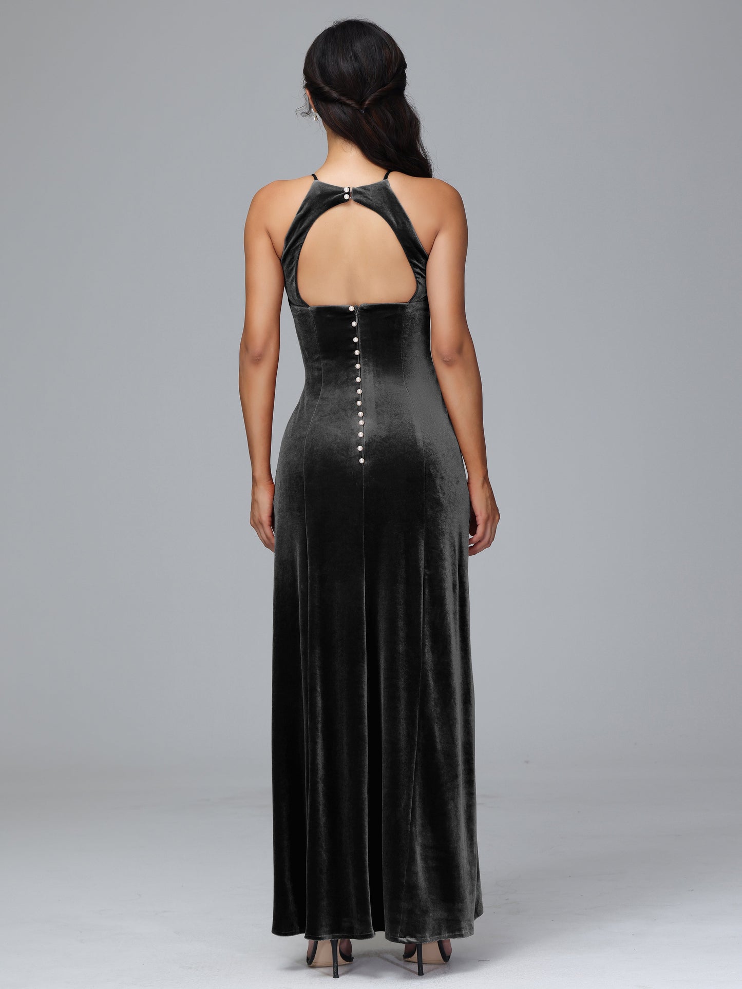 Halter Open Back Plus Size Velvet Bridesmaid Dress