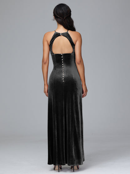 Halter Open Back Plus Size Velvet Bridesmaid Dress