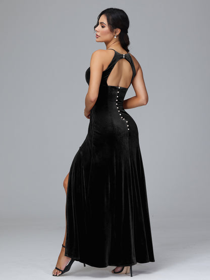 Halter Open Back Plus Size Velvet Bridesmaid Dress