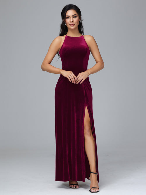 Halter Open Back Plus Size Velvet Bridesmaid Dress