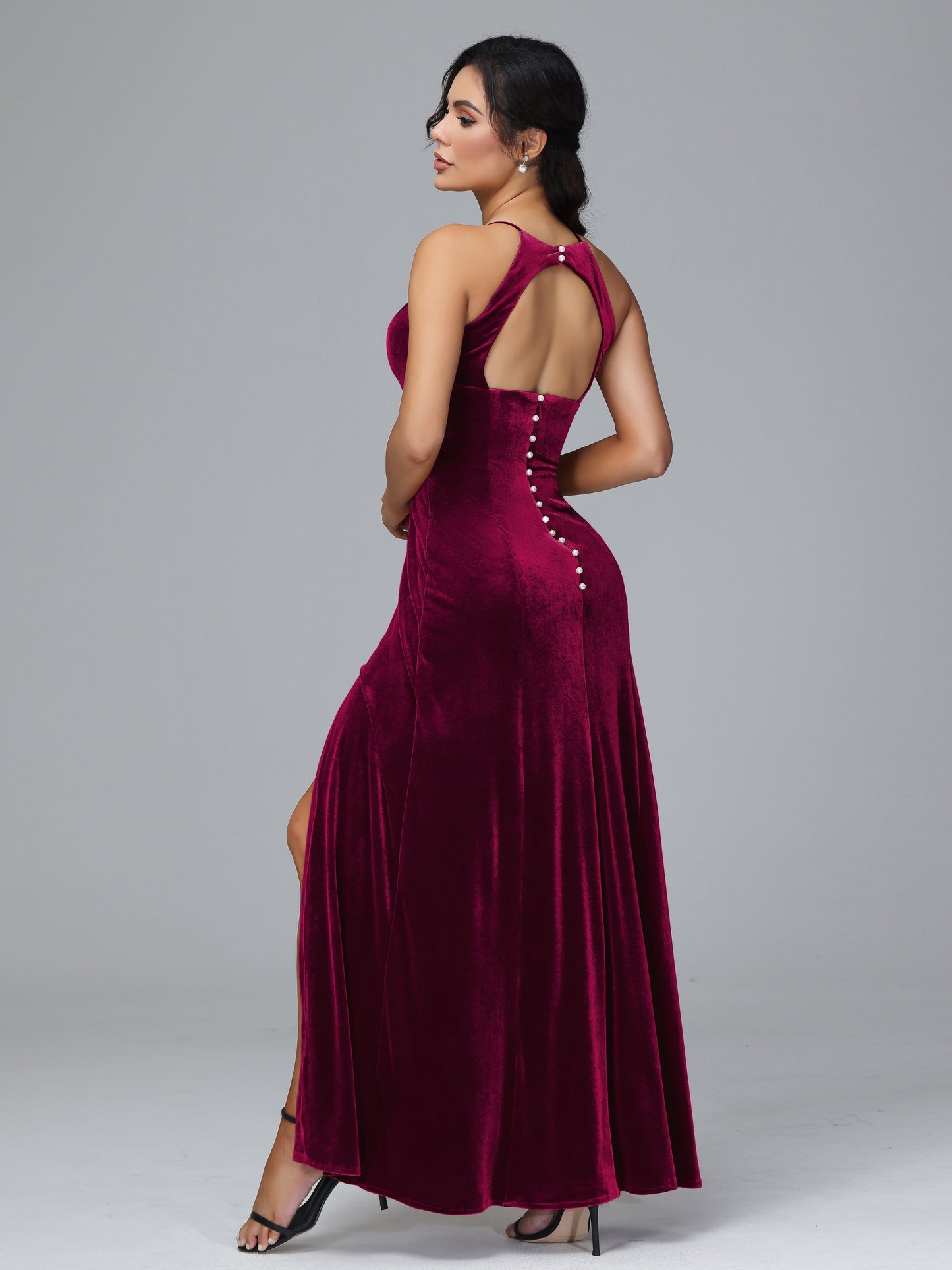 Halter Open Back Plus Size Velvet Bridesmaid Dress