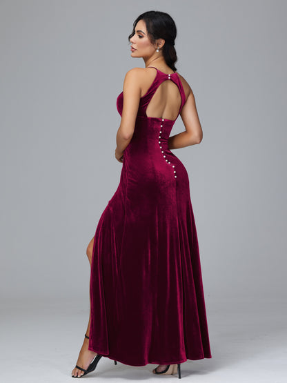 Halter Open Back Plus Size Velvet Bridesmaid Dress