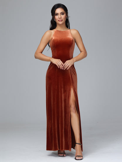 Halter Open Back Plus Size Velvet Bridesmaid Dress
