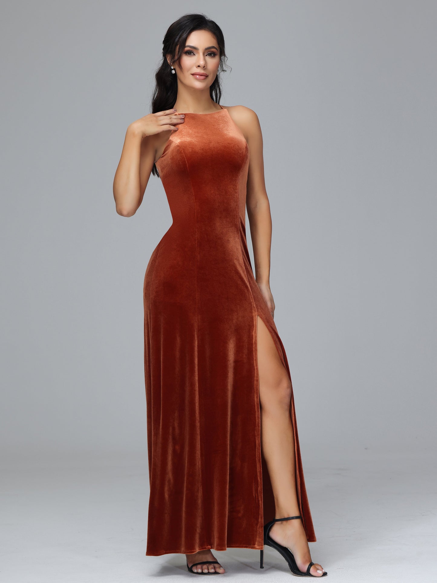 Halter Open Back Plus Size Velvet Bridesmaid Dress