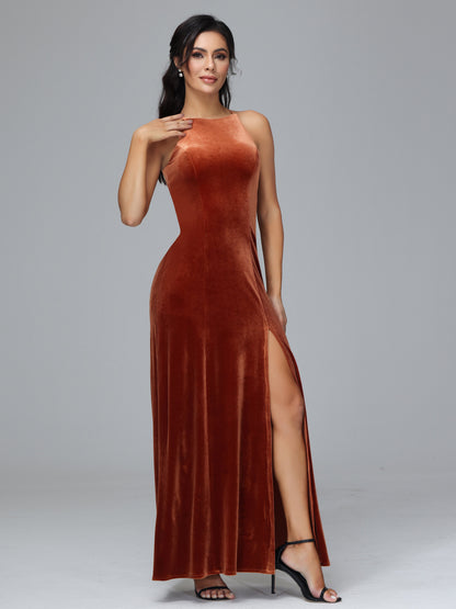 Halter Open Back Plus Size Velvet Bridesmaid Dress