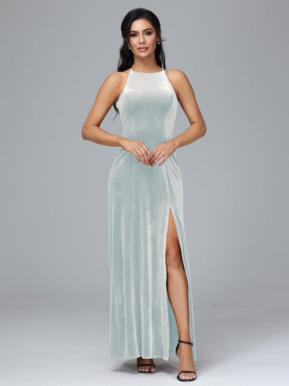 Halter Open Back Plus Size Velvet Bridesmaid Dress