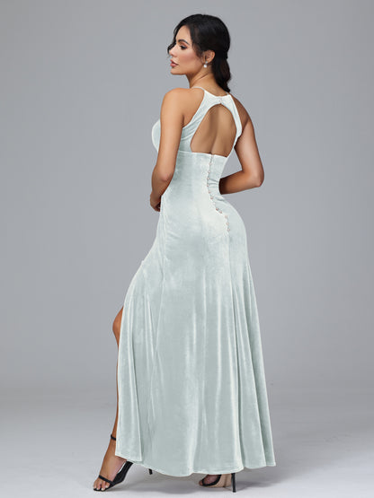 Halter Open Back Plus Size Velvet Bridesmaid Dress