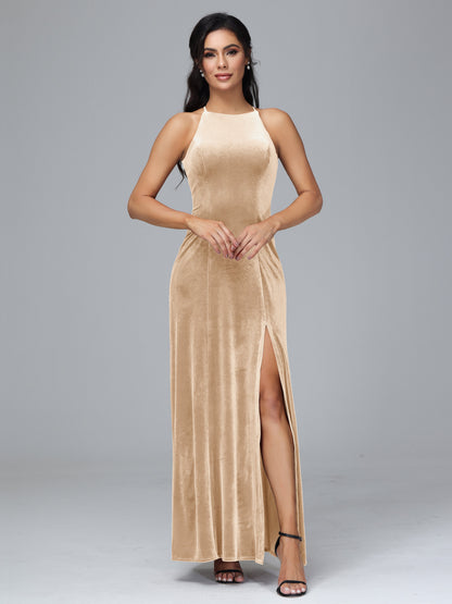 Halter Open Back Plus Size Velvet Bridesmaid Dress