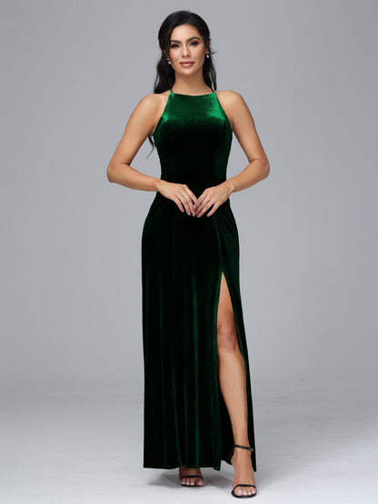 Halter Open Back Plus Size Velvet Bridesmaid Dress