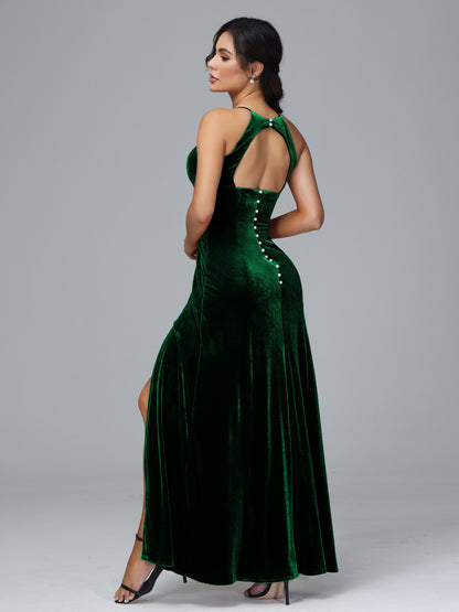 Halter Open Back Plus Size Velvet Bridesmaid Dress