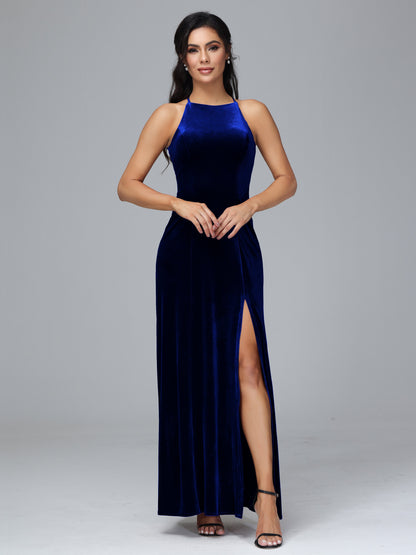 Halter Open Back Plus Size Velvet Bridesmaid Dress