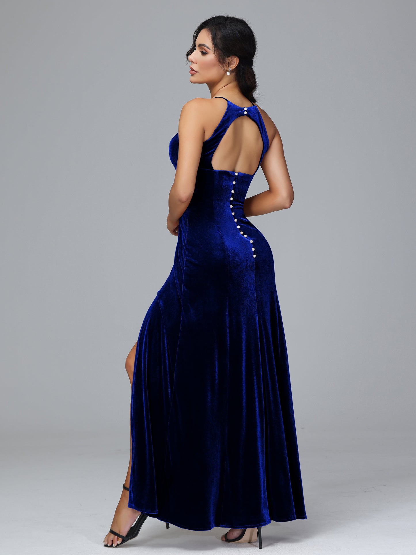 Halter Open Back Plus Size Velvet Bridesmaid Dress