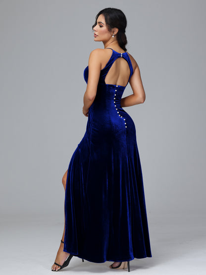 Halter Open Back Plus Size Velvet Bridesmaid Dress